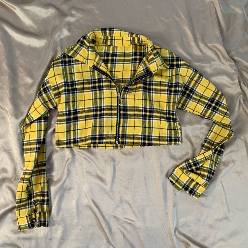yellow plaid collared zip up